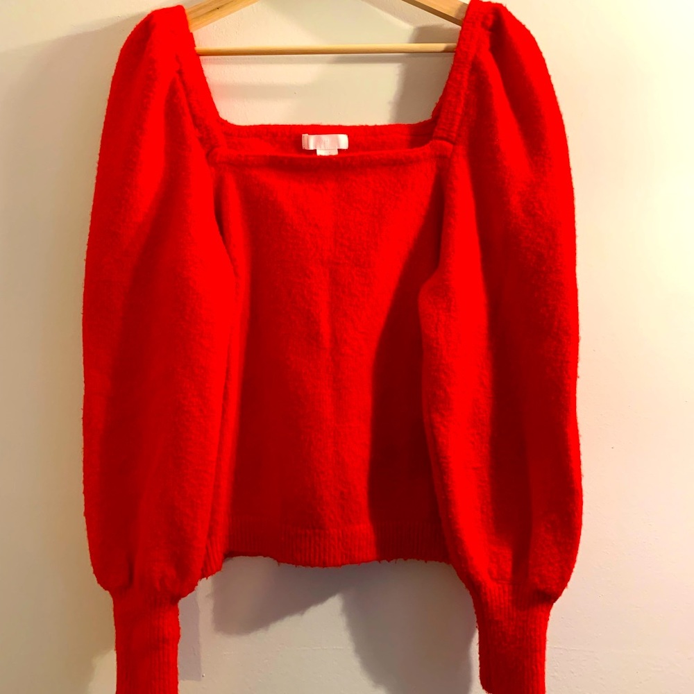 H&M Bright Red Square-Neck Puff Sleeve Sweater